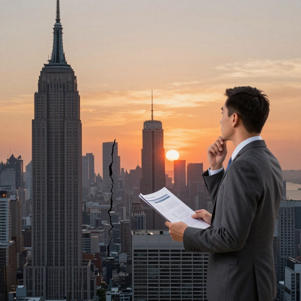 A dramatic and informative depiction of real estate market risks, featuring a professional business analyst observing a city skyline filled with high-rise buildings. In the foreground, the analyst, dressed in a smart business suit, stands with a thoughtful expression while holding financial reports. In the middle ground, various iconic skyscrapers symbolize the volatile property market, some appearing solid and others cracked, illustrating instability. The background showcases a sunset low in the sky, casting an orange glow, creating an atmosphere of urgency and contemplation. The scene should evoke a sense of caution and analysis, with soft lighting enhancing the texture of the buildings and the seriousness of the moment. The angle should be slightly elevated, capturing both the analyst’s perspective and the expansive urban landscape. A dramatic and informative depiction of real estate market risks, featuring a professional business analyst observing a city skyline filled with high-rise buildings. In the foreground, the analyst, dressed in a smart business suit, stands with a thoughtful expression while holding financial reports. In the middle ground, various iconic skyscrapers symbolize the volatile property market, some appearing solid and others cracked, illustrating instability. The background showcases a sunset low in the sky, casting an orange glow, creating an atmosphere of urgency and contemplation. The scene should evoke a sense of caution and analysis, with soft lighting enhancing the texture of the buildings and the seriousness of the moment. The angle should be slightly elevated, capturing both the analyst’s perspective and the expansive urban landscape.