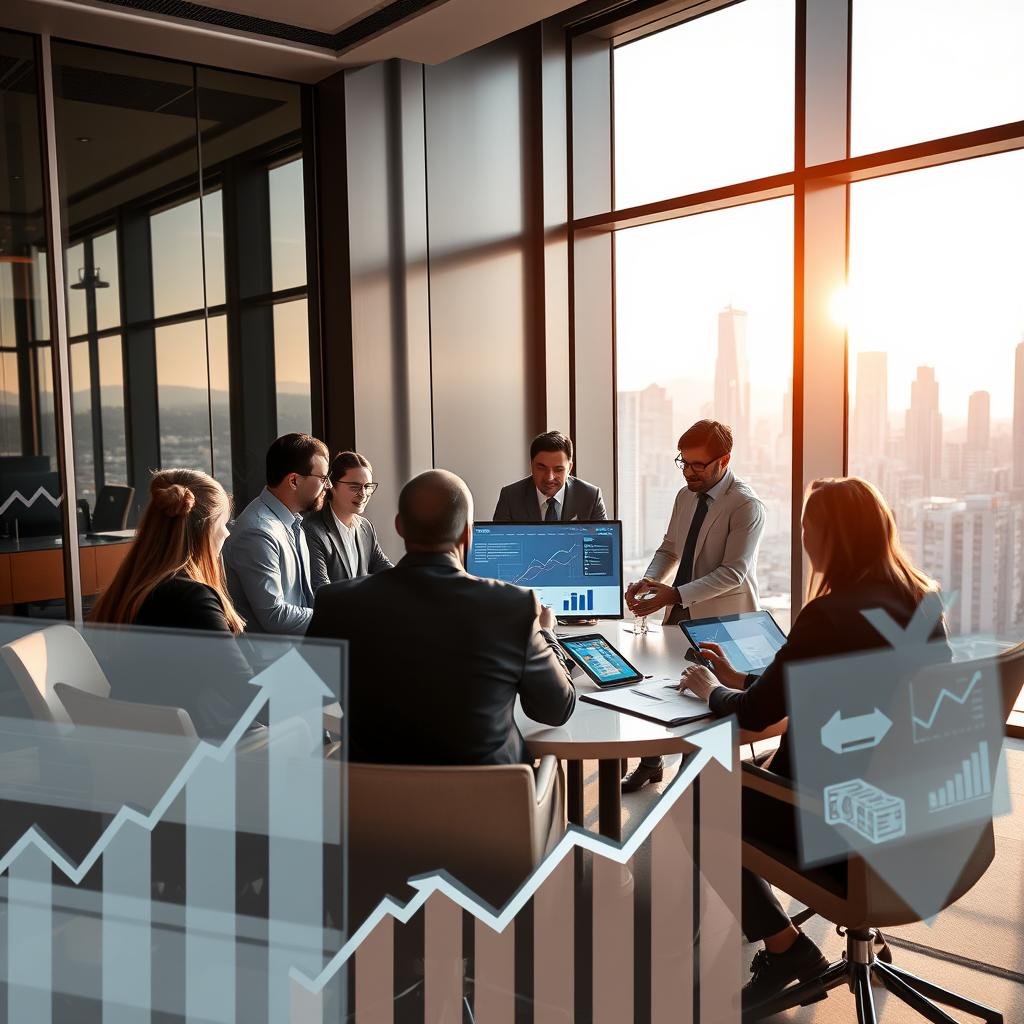 A dynamic and insightful representation of the trends in the credit rights market. In the foreground, a group of diverse professionals in business attire gathered around a modern conference table, analyzing data on digital screens showing graphs and charts related to credit rights and investment strategies. The middle ground features financial symbols like upward arrows and currency notes subtly integrated into the scene, conveying growth and opportunity. The background presents a sleek, urban skyline through large glass windows, hinting at a bustling financial hub. Soft, natural light floods the room, creating a warm and optimistic atmosphere, while a focus on clarity and professionalism highlights the importance of informed investment decisions. A dynamic and insightful representation of the trends in the credit rights market. In the foreground, a group of diverse professionals in business attire gathered around a modern conference table, analyzing data on digital screens showing graphs and charts related to credit rights and investment strategies. The middle ground features financial symbols like upward arrows and currency notes subtly integrated into the scene, conveying growth and opportunity. The background presents a sleek, urban skyline through large glass windows, hinting at a bustling financial hub. Soft, natural light floods the room, creating a warm and optimistic atmosphere, while a focus on clarity and professionalism highlights the importance of informed investment decisions.
