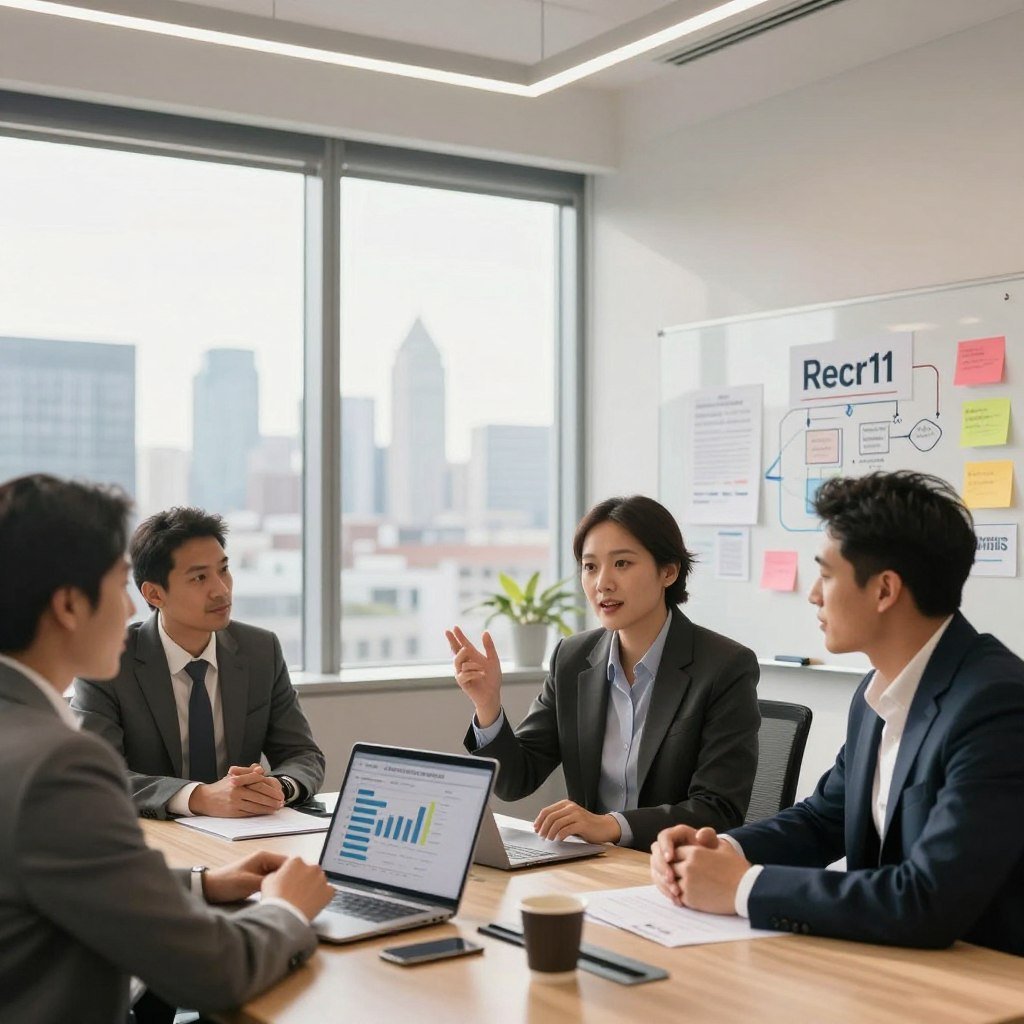 A dynamic business meeting scene set in a modern, well-lit office environment. In the foreground, a diverse group of three professionals, dressed in business attire, engage in a focused discussion around a conference table. A laptop and chart papers are visible, showcasing successful recruitment metrics. In the middle ground, a large window offers a view of a city skyline bathed in warm, natural light, creating an uplifting atmosphere. In the background, a whiteboard filled with colorful diagrams and notes on effective recruitment strategies adds depth and context. The overall mood should be optimistic and collaborative, highlighting the success of innovative recruitment techniques like Recr11. Use a wide-angle lens to capture the entire scene's energy and detail.