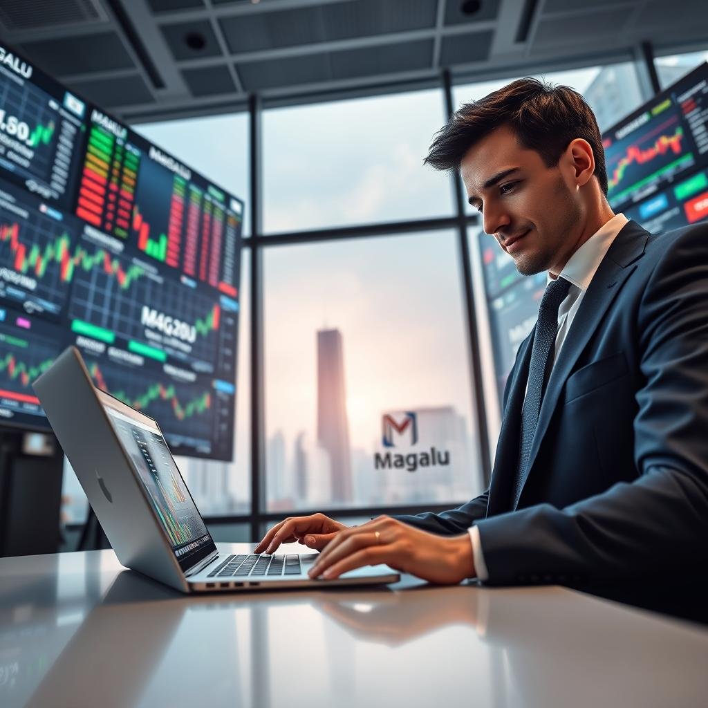 A dynamic financial analysis scene focusing on a stock market overview of Magazine Luiza (Magalu). In the foreground, an analytical professional, dressed in smart business attire, studies multiple colorful graphs and charts displayed on a sleek laptop. In the middle ground, a modern office space filled with large screens showing stock prices, financial charts, and the Magalu logo subtly integrated. The background features a city skyline through a large window, symbolizing the vast market opportunities. Soft, ambient lighting enhances the focus on the analytical work, creating a serious yet optimistic mood. The angle is slightly overhead, capturing both the professional and the bustling atmosphere of finance.