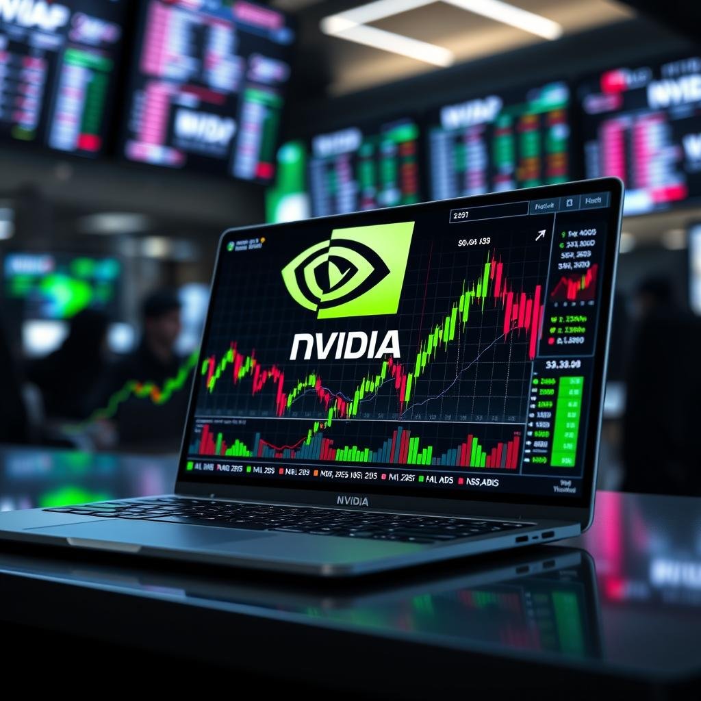 A dynamic, high-resolution image showcasing the technical analysis of Nvidia stock prices. In the foreground, a sleek, modern laptop displaying live stock charts and graphs depicting Nvidia’s stock trends, with vibrant lines indicating upward and downward movements. The middle ground includes an abstract representation of the NVIDIA logo, subtly integrated into the design, along with stock exchange tickers and candle stick patterns illustrating market dynamics. In the background, a blurred office environment with large screens displaying financial data, creating a sense of a bustling trading floor. Soft, ambient lighting enhances the focus on the laptop while creating a professional, high-tech atmosphere. The mood is analytical and forward-thinking, ideal for an investment analysis context.
