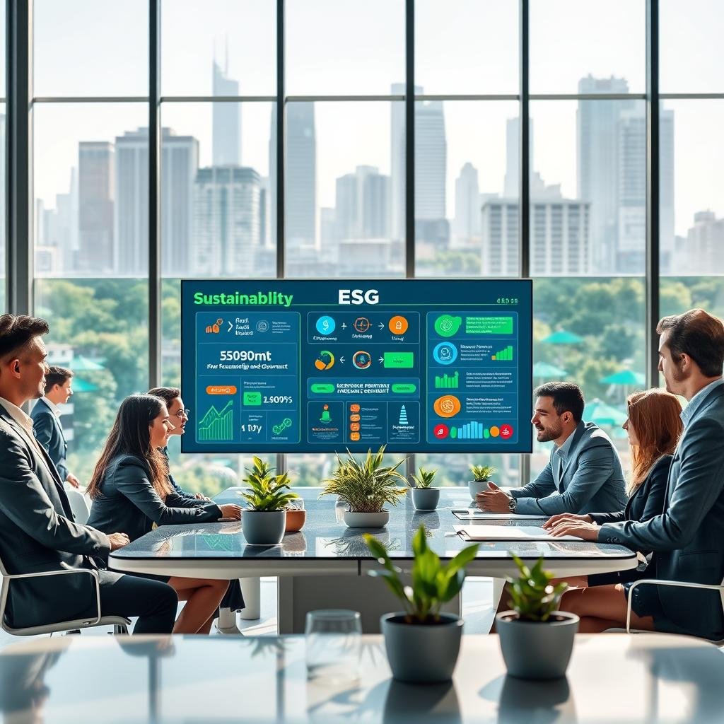 A futuristic office setting showcasing ESG strategies for a sustainable business. In the foreground, a diverse group of professionals in smart business attire, engaged in a collaborative discussion around a sleek table with eco-friendly materials. The middle layer features a large digital screen displaying vibrant infographics on sustainability, social responsibility, and governance, surrounded by plants and green decor. The background depicts floor-to-ceiling windows revealing a city skyline with green spaces, symbolizing urban sustainability. Soft natural lighting filters through the windows, creating an inspiring atmosphere. The angle is slightly elevated, capturing the team's enthusiasm and focus as they plan for the future.