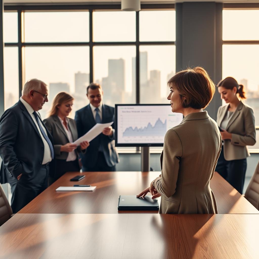 A group of diverse and distinguished investors gathered in an elegant, modern office setting, showcasing their professionalism and confidence. In the foreground, a well-dressed middle-aged woman with short hair is presenting a graph on a digital screen, surrounded by attentive colleagues. To her left, a senior man in a tailored suit is analyzing financial reports, while to her right, a young woman in professional attire is taking notes. In the background, large windows show a city skyline bathed in warm afternoon sunlight, casting soft shadows. The atmosphere is one of collaboration and focus, with a polished wooden conference table and sleek, minimalist decor. The perspective is slightly elevated, capturing the dynamic interaction among the investors, conveying a sense of teamwork and innovation in the investment landscape.