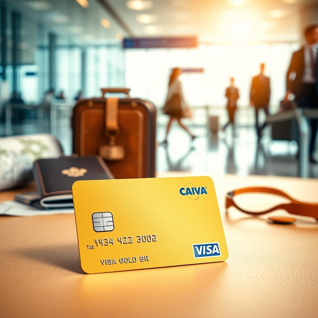 A luxurious Visa Gold credit card from Caixa prominently displayed in the foreground, resting on a smooth, elegant travel-themed backdrop. In the middle ground, partially blurred travel essentials like a stylish passport holder, a map, and a set of vintage luggage can be seen, hinting at adventure. The background captures a bright, sunny airport terminal with travelers in professional attire, exuding excitement and anticipation. Soft, warm lighting enhances the golden tones of the credit card, reflecting its prestige. Use a shallow depth of field to create a focused, inviting atmosphere, ideal for showcasing the benefits of using the Caixa Visa Gold credit card while traveling.