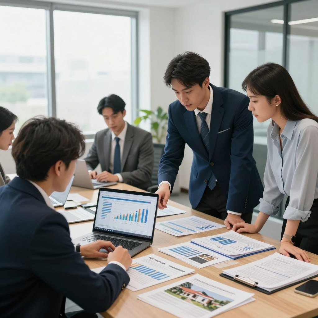 A modern and engaging office setting showcasing diverse professionals examining real estate financial reports and discussions. In the foreground, a group of two business professionals, a man in a tailored navy suit and a woman in a smart blouse, are pointing at a financial graph displayed on a laptop. In the middle, a large conference table is cluttered with charts, property brochures, and documents reflecting investment strategies of different real estate funds. The background features large windows that allow soft, natural light to illuminate the room, creating an open and collaborative atmosphere. The overall mood is focused and dynamic, emphasizing the importance of understanding different types of real estate funds. The composition should convey professionalism and teamwork in the investment sector, captured from an eye-level angle to enhance engagement.