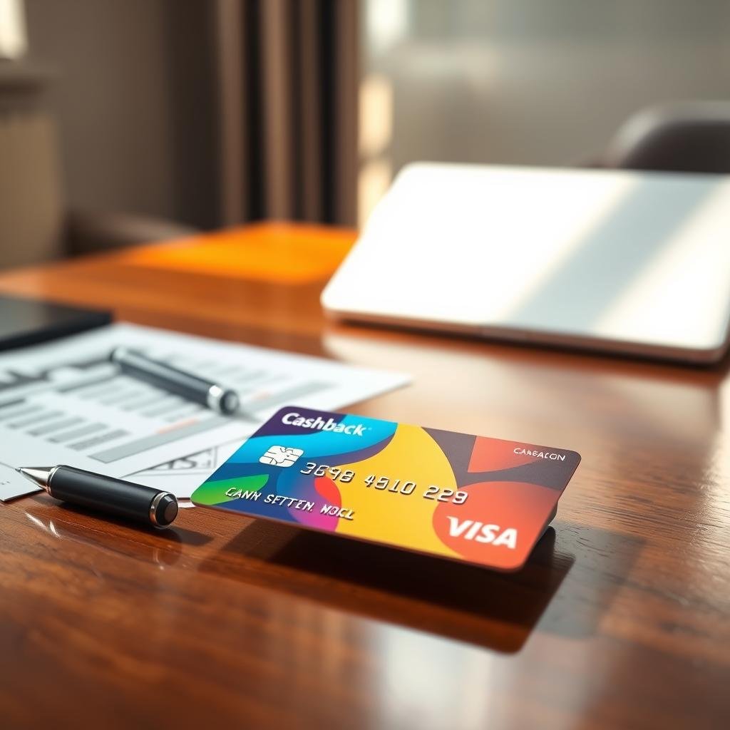 A modern credit card prominently displayed in the foreground, featuring a sleek design with vibrant colors and a prominent "Cashback" logo. The card is placed on a polished wooden desk, surrounded by financial documents and a stylish pen, suggesting an air of professionalism. In the middle background, a laptop is partially visible, hinting at online banking and managing finances. Soft, natural lighting streams in from a nearby window, creating a warm and inviting atmosphere. The scene conveys a sense of financial empowerment and smart budgeting. The camera angle is slightly elevated, focusing on the card and its details, while maintaining a clean and organized setting.