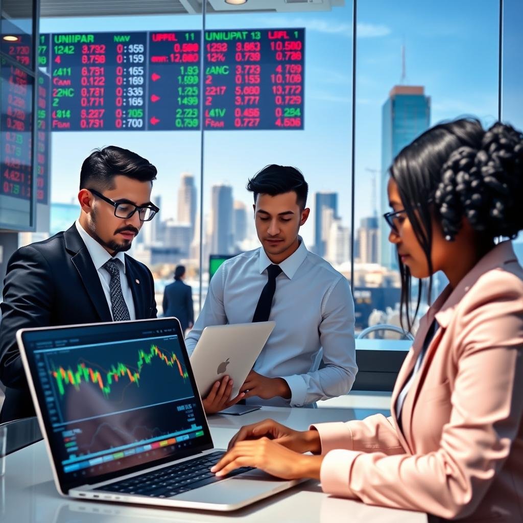 A modern digital representation of stock trading, showcasing a vibrant financial market setting. In the foreground, a diverse group of three professionals dressed in smart business attire, working intently at sleek laptops that display stock charts and data related to Unipar. In the middle, a transparent glass wall reveals a bustling trading floor filled with traders and large screens displaying stock prices. The background features a city skyline under a clear blue sky, suggesting a thriving economic environment. Soft, natural lighting enhances the professional atmosphere, while a slight depth of field emphasizes the foreground subjects. The overall mood conveys ambition, expertise, and the dynamic nature of investing in Unipar stocks.