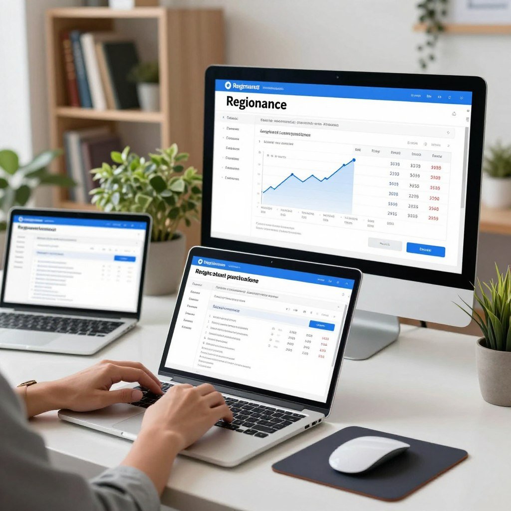 A modern, digital workspace featuring multiple online resignation calculators on sleek laptop screens. In the foreground, a pair of hands are seen typing on a laptop, adorned with a stylish mousepad. The middle ground showcases a large desktop monitor displaying a detailed resignation calculation interface with graphs and numerical data. The background includes bookshelves filled with finance and employment law books, surrounded by houseplants for a touch of greenery. The lighting is bright and inviting, with soft shadows creating a comfortable atmosphere. The color palette consists of warm whites, soft blues, and fresh greens, conveying professionalism and clarity. The scene is captured from a slight angle to emphasize the workspace and the tools available for calculating severance.