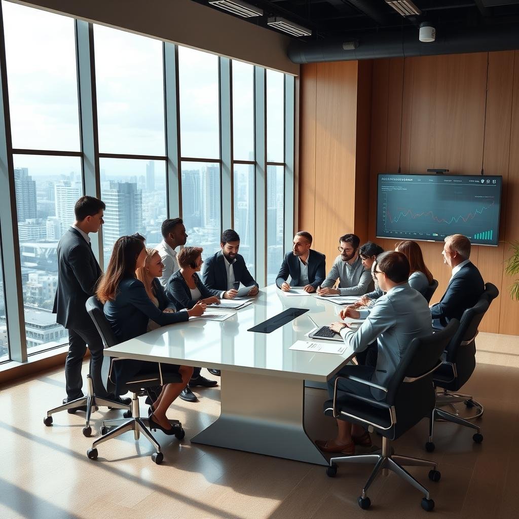 A modern financial office environment showcasing DM Financeira S.A.'s regional presence in Brazil. In the foreground, a diverse team of professionals dressed in smart business attire engaged in a collaborative meeting around a sleek conference table, emphasizing teamwork and innovation. In the middle ground, large windows allow natural light to flood the space, with a view of a bustling city skyline symbolizing economic activity. In the background, subtle elements of finance such as graphs and charts are displayed on digital screens, representing the company's focus on credit, financing, and investment. The overall atmosphere is dynamic and optimistic, reflecting DM Financeira S.A.’s strong position in the national market. Soft, warm lighting enhances the inviting yet professional mood of the scene.