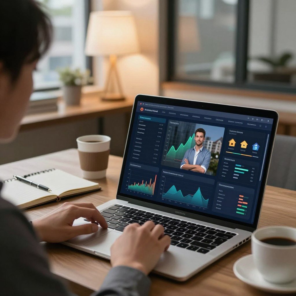 A modern investment simulator interface featuring a digital representation of a real estate investment fund. In the foreground, a sleek laptop is open, displaying an interactive dashboard with graphs, charts, and property icons for analyzing investment data. A professional-looking individual, dressed in business attire, is focused on the screen, showcasing an engaged learning experience. In the middle, a cozy workspace is set up with notebooks and a coffee cup, creating an inviting atmosphere for learning about investments. In the background, soft ambient lighting enhances the scene, along with a blurred view of urban buildings through a window, symbolizing real estate markets. The overall mood is informative, inspiring and conducive to financial education.