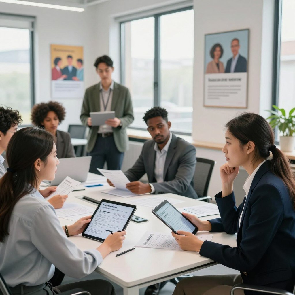 A modern office environment bustling with activity, showcasing a diverse group of new recruiters engaging in a collaborative brainstorming session. In the foreground, a young woman in professional business attire holding a digital tablet, thoughtfully discussing with her colleagues. In the middle, a diverse group of recruiters—both men and women—of various ethnicities, seated around a sleek conference table, reviewing resumes and sharing ideas. The background features large windows with natural light streaming in, providing a bright atmosphere, and motivational posters about teamwork and talent acquisition hanging on the walls. The atmosphere is energetic and focused, symbolizing innovation in recruitment strategies. Capture the scene with soft lighting and a slight depth of field, emphasizing teamwork and professionalism.