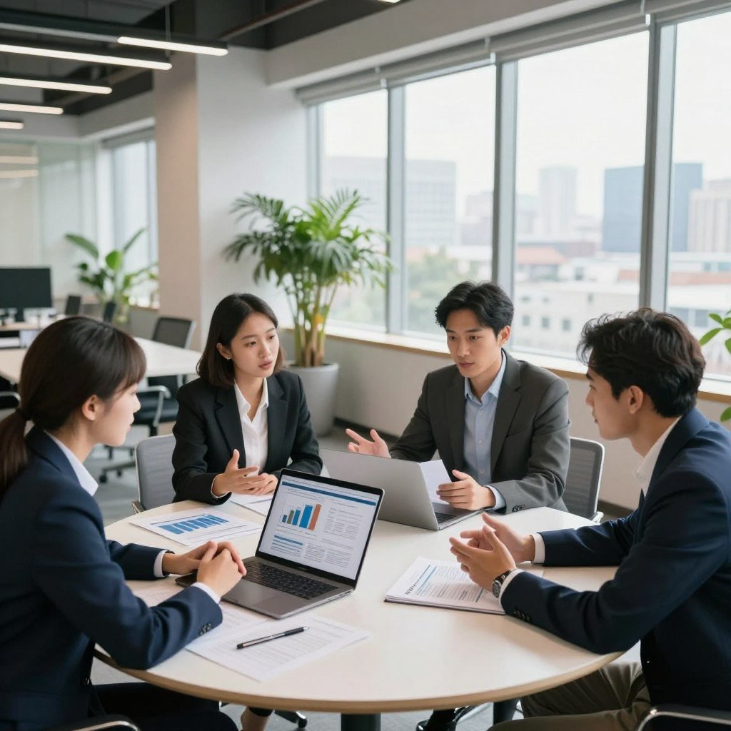 A modern office meeting space, with a large round table in the foreground, where a diverse group of four professionals—two men and two women—are engaged in a discussion. They are dressed in professional business attire, gesturing towards a laptop and shared documents displaying graphs and charts related to investor feedback. In the middle ground, a large window lets in natural light, illuminating their focused expressions. The background features a contemporary office decor with potted plants and a city skyline view, creating an atmosphere of productivity and collaboration. The image should evoke a sense of teamwork, professionalism, and engaging dialogue, captured from a slightly elevated angle to emphasize the discussions taking place. The lighting is bright and inviting, emphasizing the importance of investor opinions in decision-making. A modern office meeting space, with a large round table in the foreground, where a diverse group of four professionals—two men and two women—are engaged in a discussion. They are dressed in professional business attire, gesturing towards a laptop and shared documents displaying graphs and charts related to investor feedback. In the middle ground, a large window lets in natural light, illuminating their focused expressions. The background features a contemporary office decor with potted plants and a city skyline view, creating an atmosphere of productivity and collaboration. The image should evoke a sense of teamwork, professionalism, and engaging dialogue, captured from a slightly elevated angle to emphasize the discussions taking place. The lighting is bright and inviting, emphasizing the importance of investor opinions in decision-making.