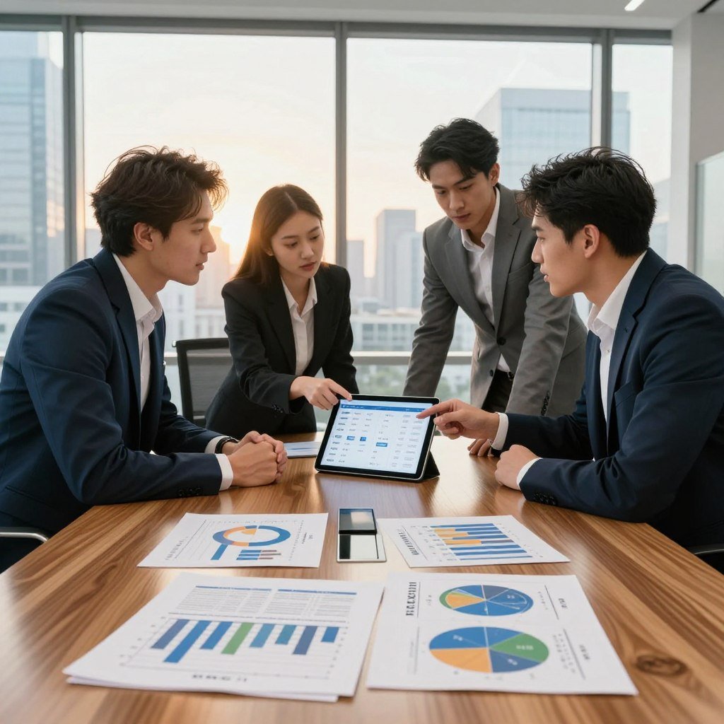 A modern office setting with a large, polished wooden conference table in the foreground. On the table, detailed charts and graphs showcasing real estate investments, particularly focused on KNSC11. In the middle ground, a diverse group of three professionals dressed in smart business attire—two men and one woman—are engaged in discussion, pointing at a digital tablet displaying property listings. The background features a large window with a cityscape view, drenched in warm, natural light reflecting off the glass. The atmosphere is one of collaboration and ambition, highlighting the process of strategic investment in real estate. The image is vibrant, with a focus on professionalism and teamwork.