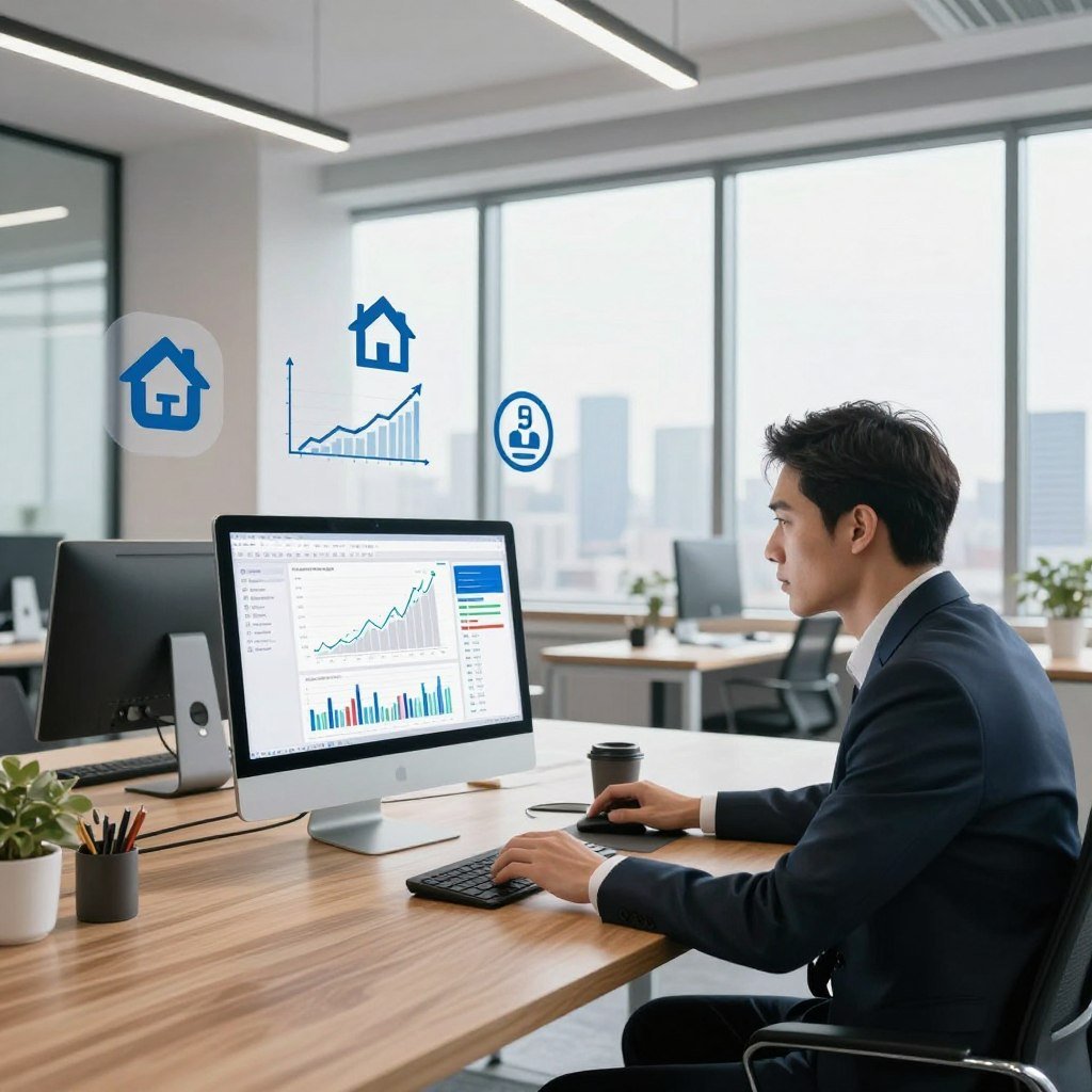 A modern office setting with a sleek, minimalistic design, featuring a large wooden desk and a sophisticated computer displaying a financial simulation software for real estate funds. In the foreground, a professional in business attire, a focused look on their face, interacts with the software, analyzing graphs and data. In the middle ground, there are various real estate icons and charts depicting growth and investment strategies, symbolizing active management in real estate funds. The background includes large windows with a city skyline view, bathing the room in natural light, creating a bright and optimistic atmosphere. The overall mood conveys professionalism and ambition in investment management.