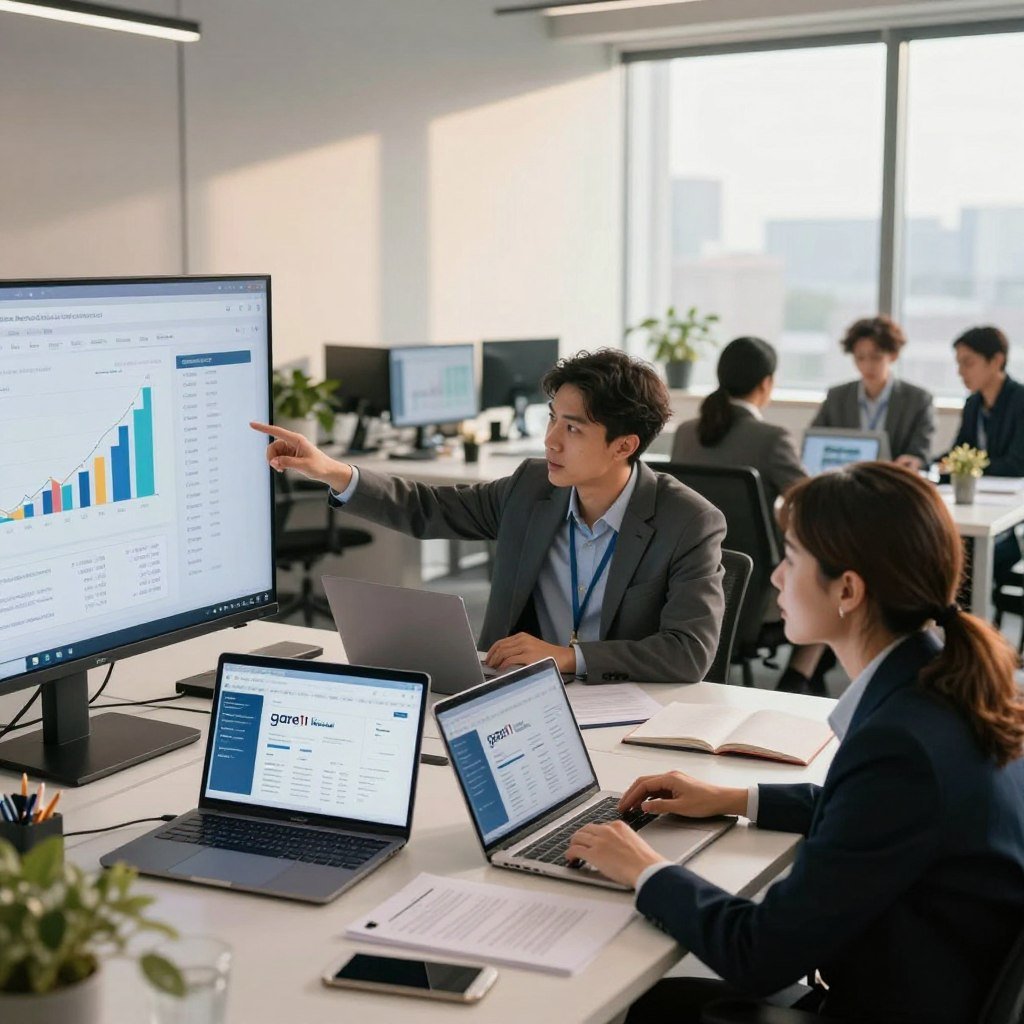 A modern office workspace bustling with activity, showcasing a diverse group of professionals in business attire, focused on their laptops displaying the gare11 investment platform. In the foreground, a confident middle-aged woman gestures towards a large screen illustrating charts and graphs related to investment strategies. In the middle, a young man speaks with a colleague, pointing at a detailed financial report. The background features a sleek office design with large windows letting in natural light, casting soft shadows across the room. The mood is one of collaboration and productivity, suggesting a high-tech and innovative atmosphere for investments. Use soft, warm lighting to enhance the inviting and professional environment, captured from a slightly elevated angle to provide depth.
