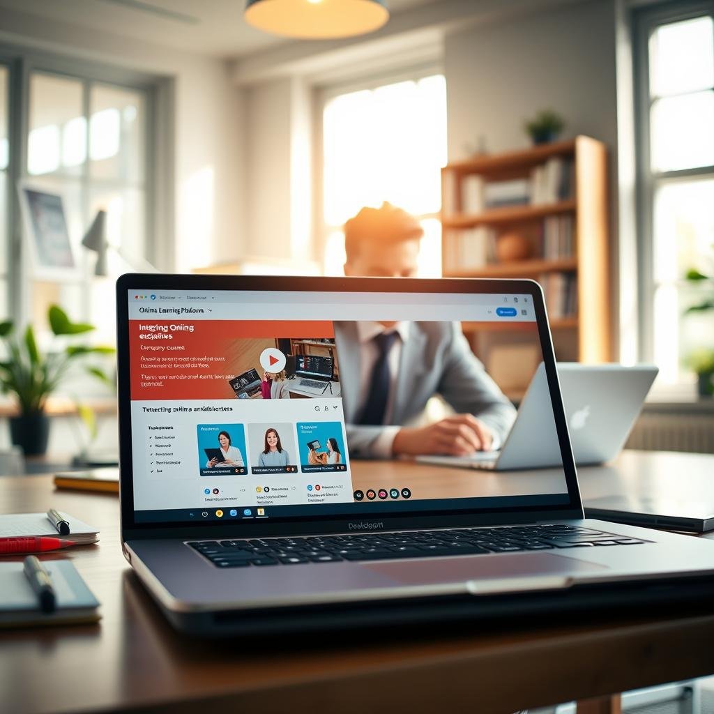 A modern online learning platform interface displayed on a sleek laptop in a bright, inviting workspace. In the foreground, the laptop screen shows a vibrant dashboard of an engaging online course with interactive elements, such as quizzes and video lectures. Light streams in through a large window, casting a warm glow across a tidy desk adorned with notebooks and stationery. In the middle ground, a professional adult, dressed in smart casual attire, is focused on the laptop, reflecting engagement and concentration. The background features a bookshelf with educational materials, creating an atmosphere conducive to learning. Capture this scene with a soft focus for a serene yet productive mood, emphasizing clarity and accessibility in online education.