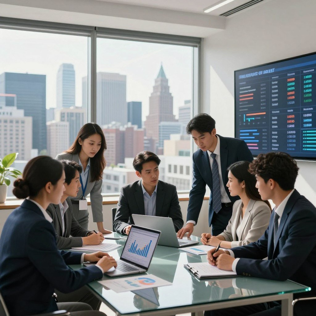 A modern real estate office scene illustrating the trends in the real estate market. In the foreground, a group of diverse professionals in business attire is gathered around a sleek glass table, analyzing graphs and data on a laptop. The middle ground features a large, bright window showcasing a bustling urban skyline filled with various architectural styles, symbolizing growth and opportunity. The background includes a digital display board filled with relevant market statistics and projections, creating a tech-savvy atmosphere. Soft natural lighting fills the space, casting gentle shadows and creating a professional yet inviting mood. The focus is on collaboration and forward-thinking strategies in real estate investment.