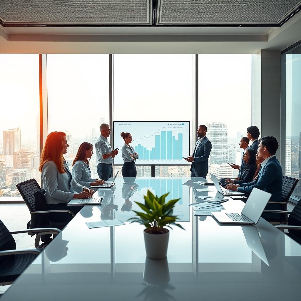 A modern, sleek office environment showcasing DM Financeira S.A. as a leader in financial investments. In the foreground, a professional team of diverse individuals dressed in business attire, discussing financial charts and graphs displayed on a digital screen. The middle ground features a polished conference table filled with financial documents, laptops, and a potted plant for a touch of greenery. The background reveals large windows with a panoramic view of a bustling city skyline, suggesting growth and opportunity. The scene is illuminated with soft, natural lighting from the windows, creating an optimistic and futuristic atmosphere. The image conveys a sense of professionalism, collaboration, and forward-thinking in the financial sector.