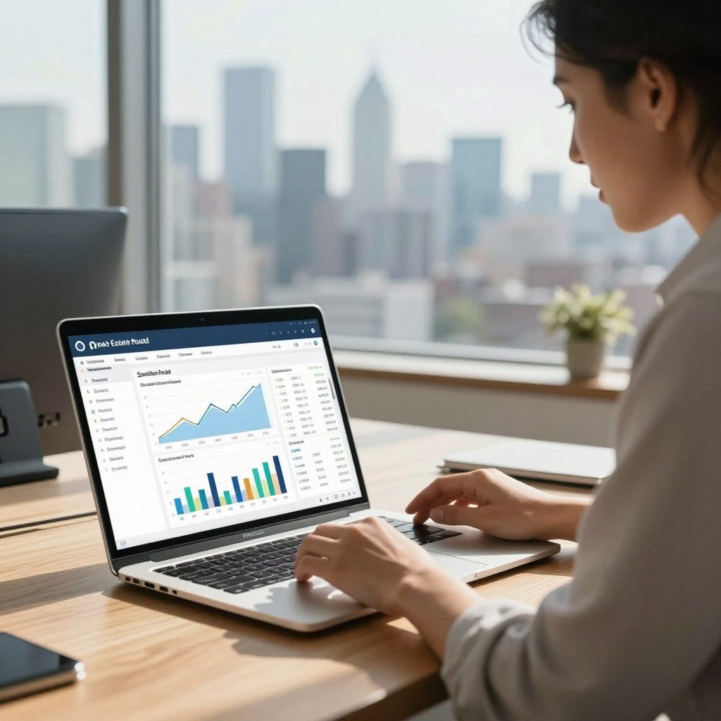A modern, sleek office setting featuring a professional-looking simulator interface for real estate investment. In the foreground, a wooden desk displays a laptop screen showing a user-friendly real estate fund simulator dashboard with graphs and figures. In the middle ground, a business professional in smart casual attire analyses the data on the screen, looking focused and engaged. The background showcases a panoramic window revealing a city skyline under bright, natural daylight, enhancing the atmosphere of a thriving investment opportunity. Soft shadows add depth, while a warm color palette conveys a sense of trust and professionalism. The lens is set for a slight depth of field, keeping the focus on the laptop and the person.