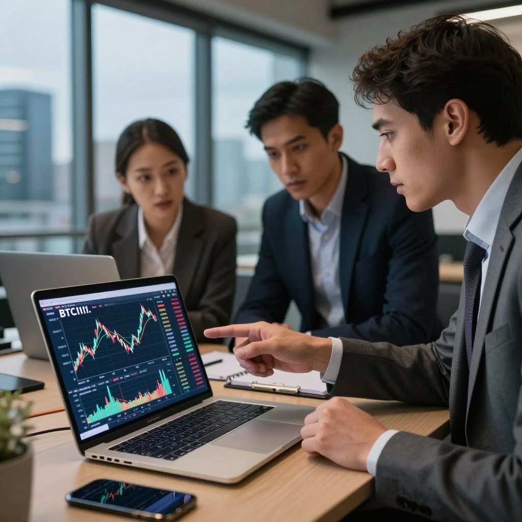 A professional and detailed analysis scene showcasing cryptocurrency market data, with a focus on BTCI11. In the foreground, a sleek laptop displays vibrant graphs and charts related to cryptocurrency performance, surrounded by modern office equipment like a smartphone and notepads. In the middle ground, a diverse group of three experts in smart business attire engage in a focused discussion, pointing at the laptop's screen, reflecting deep concentration. The background features a glass window revealing a cityscape at dusk, with soft ambient lighting enhancing the professional atmosphere. The overall mood is analytical and forward-thinking, embodying the excitement of investment opportunities. Use a slightly elevated angle to capture the experts' expressions and the technology.