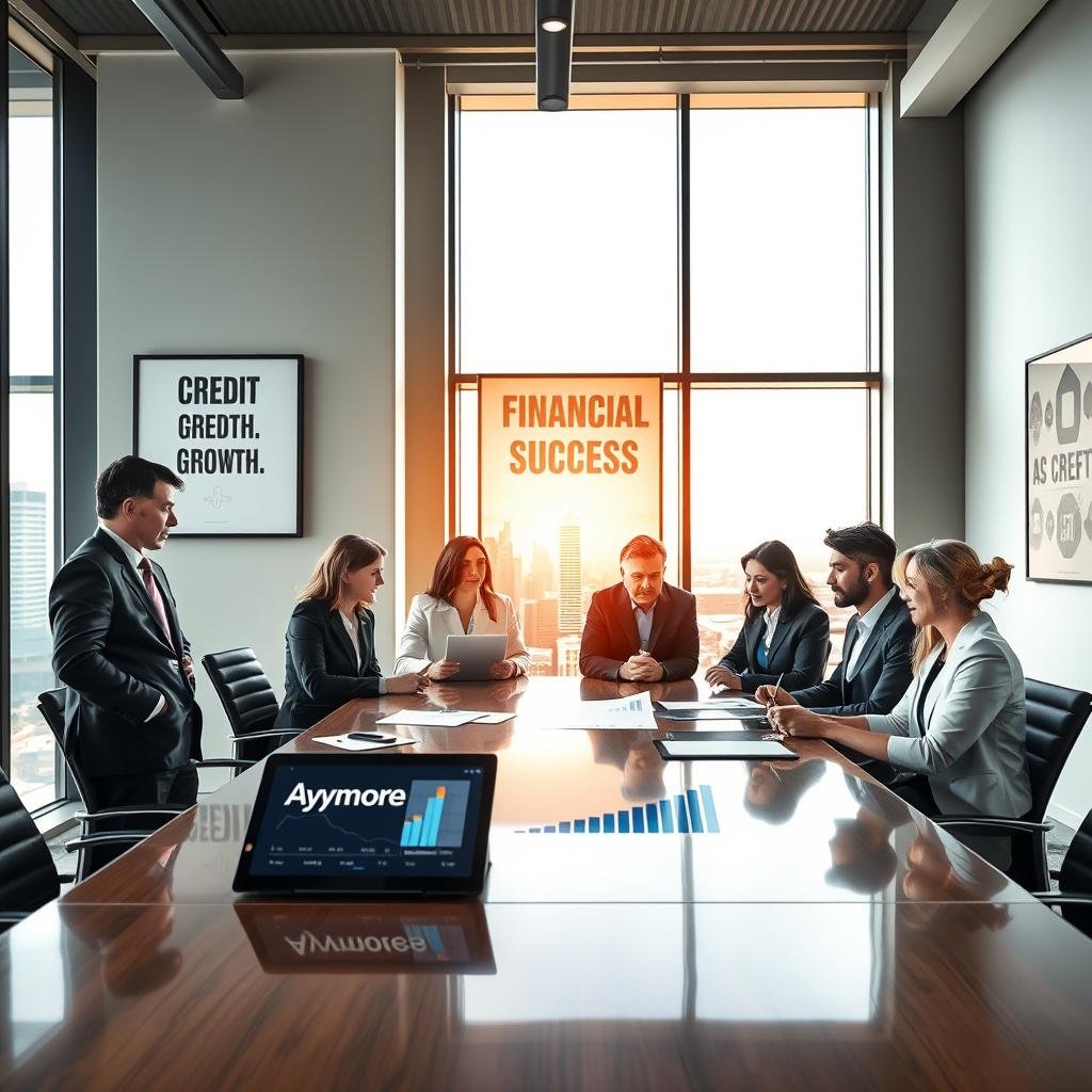 A professional and inviting office environment with a modern, sleek aesthetic. In the foreground, a diverse group of business professionals in formal attire engage in a collaborative discussion around a large, polished conference table. They are reviewing financial documents and graphs indicating credit growth, with a digital tablet displaying the Aymore logo prominently. In the middle ground, a large window reveals a bright cityscape, bathed in warm sunlight suggesting optimism and opportunity. In the background, motivational artwork related to financial success is framed on the walls. The overall atmosphere conveys a sense of professionalism, teamwork, and ambition, enhanced by natural lighting pouring in from the window to create a dynamic, uplifting mood.
