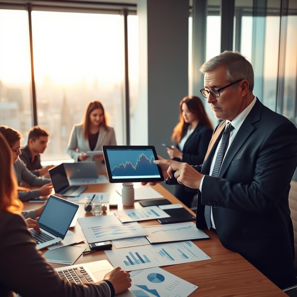 A professional business setting showcasing a diverse group of individuals discussing international stock investments. In the foreground, a middle-aged man in a tailored suit points at a digital tablet displaying a graph with an upward trend, symbolizing profitability in stocks. Beside him, a young woman in smart attire takes notes, her expression thoughtful. In the middle, a large conference table is cluttered with laptops, stock charts, and financial reports. The background features a large window with a panoramic city view, letting in warm natural light, enhancing the atmosphere of opportunity and success. The mood is focused and dynamic, evoking a sense of collaboration and ambition.