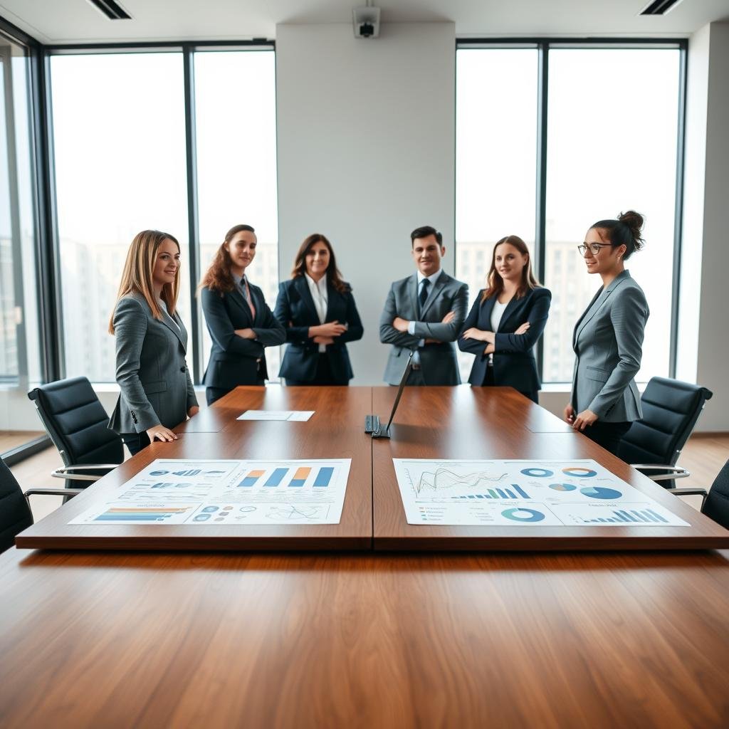 A professional business setting showcasing a side-by-side comparison of different negotiation models. In the foreground, a sleek wooden conference table with detailed charts and graphs spread across it, illustrating various negotiation strategies. In the middle, two groups of diverse professionals in business attire—one group representing a collaborative negotiation model with open body language, while the other illustrates a competitive model with more assertive stances. The background features a modern office with large windows allowing natural light to flood the room, enhancing the atmosphere of productivity and focus. Use a slightly elevated angle for a dynamic view and ensure a clean, polished look that conveys professionalism and strategy.