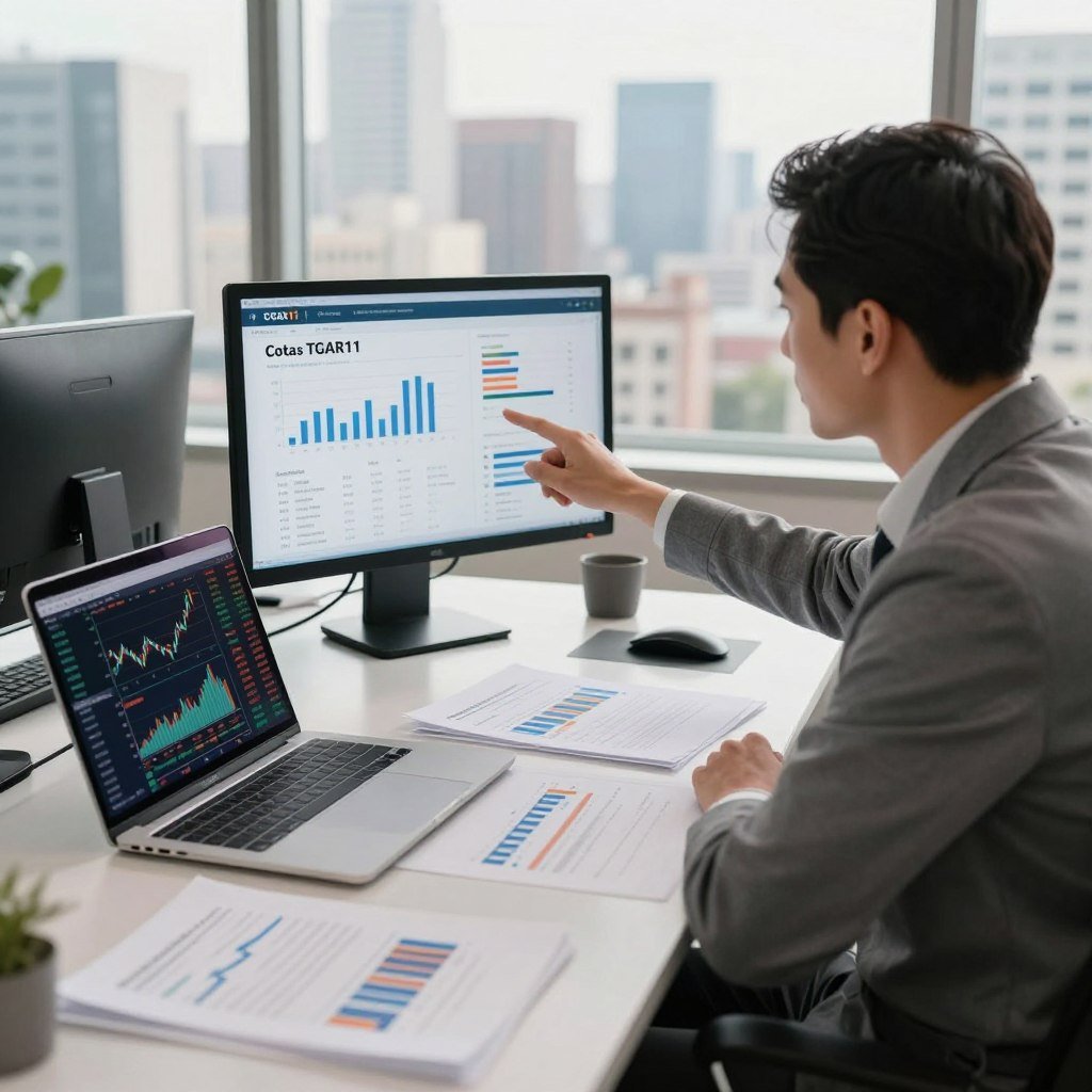 A professional financial advisor in a modern office setting, sitting at a sleek desk cluttered with financial sheets and charts about investments. The foreground features a laptop displaying stock market data, with graphs and numbers highlighting the investment potential of "Cotas TGAR11." In the middle, the advisor gestures towards a screen displaying infographics that elucidate the acquisition process for TGAR11 shares. The background includes large windows revealing a bustling city skyline under natural daylight, conveying an optimistic atmosphere. Use soft, warm lighting to create an inviting, professional environment, captured from a slightly elevated angle to emphasize the advisor and their presentation materials.