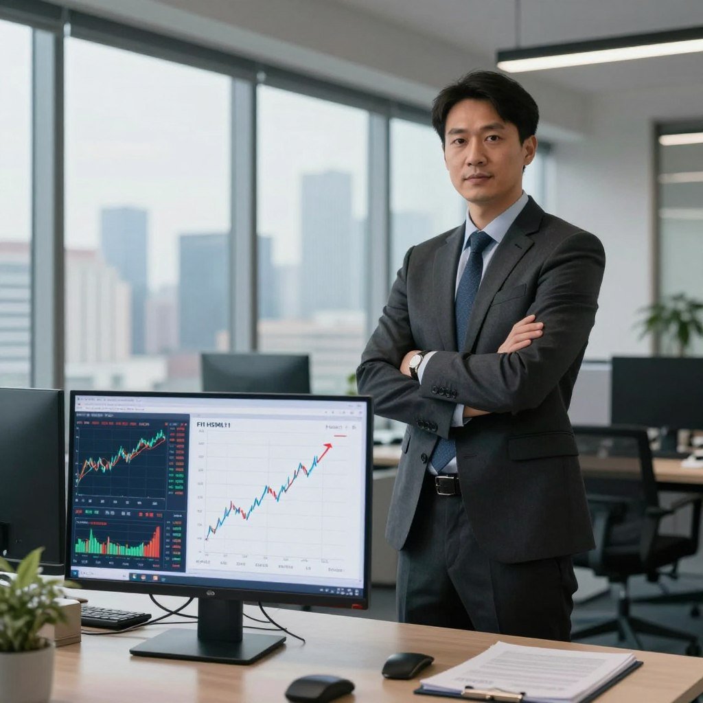 A professional financial analyst in business attire, standing confidently in an office environment. The foreground features a computer screen displaying a stock market chart with fluctuations, emphasizing interest rates' effects on financial assets. In the middle, a clear graph shows the correlation between interest rates and the FII HSML11, with upward and downward trends highlighted. The background showcases modern office decor, including glass windows that provide a panoramic view of a city skyline, exuding a sense of financial hub. Soft natural lighting filters through the windows, creating a calm yet focused atmosphere. The camera angle is slightly tilted, adding dynamism to the scene, enhancing the visual interest while keeping the subject and their work the main focus.