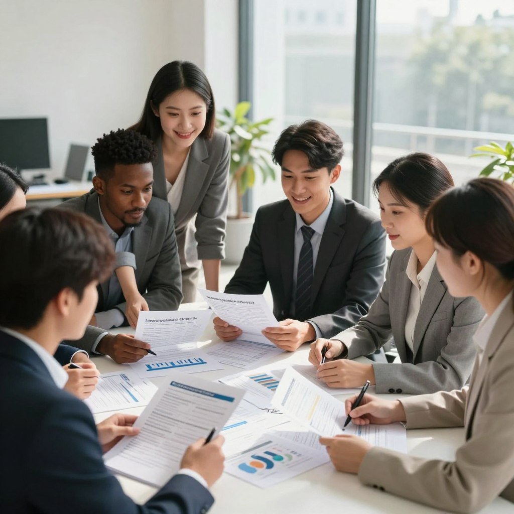 A professional office environment depicting the concept of unemployment insurance benefits. In the foreground, a diverse group of individuals, dressed in business attire, are gathered around a table, discussing documents and charts related to unemployment benefits. The middle ground features reports and financial data scattered across the table, emphasizing the importance of this topic. In the background, a large window allows natural light to flood the room, creating a warm and hopeful atmosphere. Soft shadows cast by indoor plants and office equipment add depth to the scene. The focus should be sharp on the group, symbolizing collaboration and support during challenging times, with a vibrant and uplifting mood throughout the image.