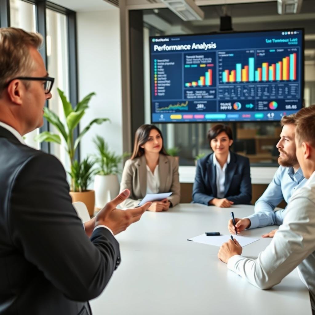 A professional office environment with a diverse group of businesspeople engaged in a performance analysis meeting. In the foreground, a focused middle-aged man in a tailored suit is presenting financial data on a large screen, with colorful graphs and metrics displayed prominently. In the middle ground, a thoughtful woman in a smart blazer takes notes, while a younger team member in a business casual shirt observes attentively. The background features a sleek conference table surrounded by modern office decor, including potted plants and large windows letting in natural light, creating an inviting atmosphere. The composition should convey a sense of collaboration and focus, shot at a slight angle to capture both the presenter and audience engaged in the discussion, with soft, natural lighting enhancing the professional mood. A professional office environment with a diverse group of businesspeople engaged in a performance analysis meeting. In the foreground, a focused middle-aged man in a tailored suit is presenting financial data on a large screen, with colorful graphs and metrics displayed prominently. In the middle ground, a thoughtful woman in a smart blazer takes notes, while a younger team member in a business casual shirt observes attentively. The background features a sleek conference table surrounded by modern office decor, including potted plants and large windows letting in natural light, creating an inviting atmosphere. The composition should convey a sense of collaboration and focus, shot at a slight angle to capture both the presenter and audience engaged in the discussion, with soft, natural lighting enhancing the professional mood.