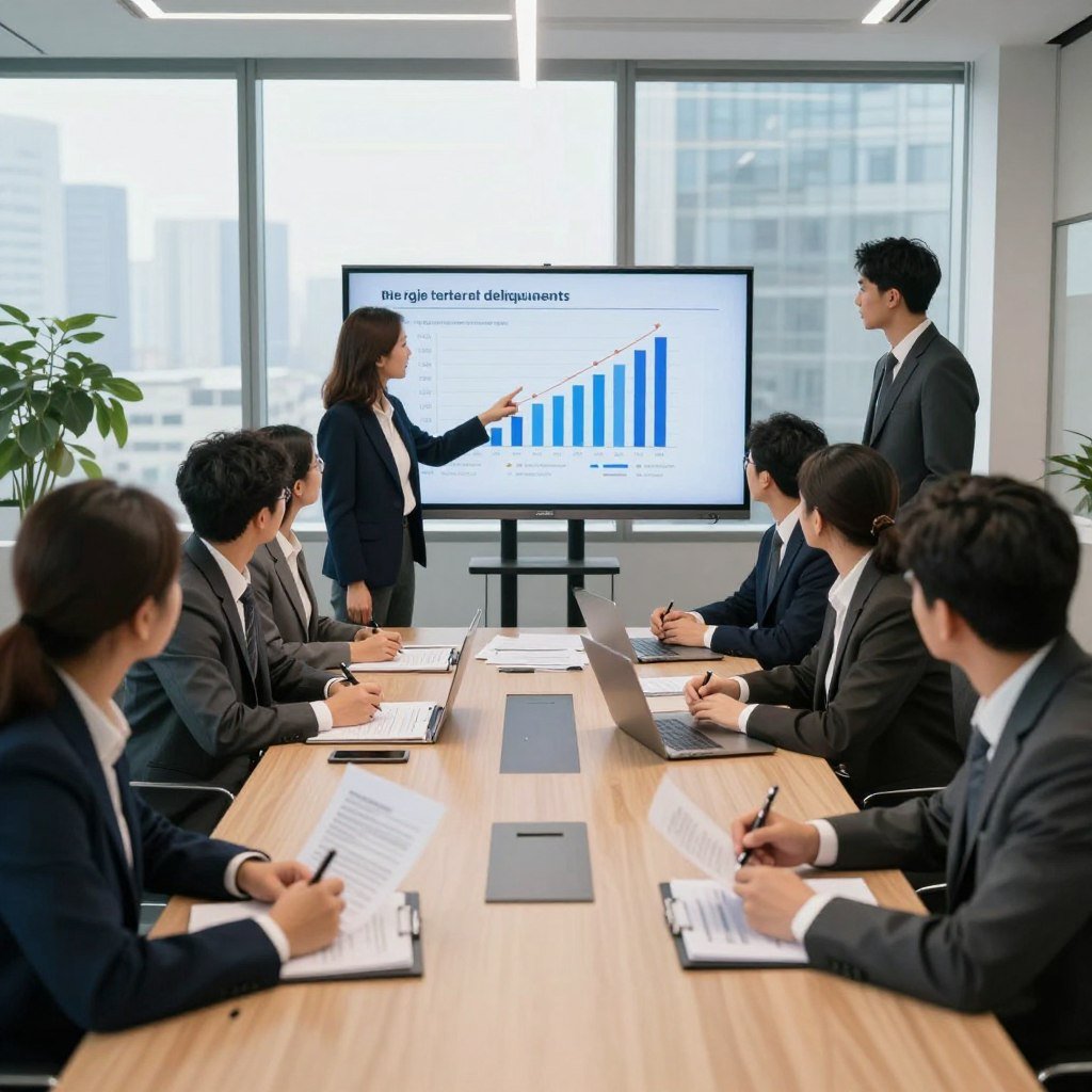 A professional office environment with a modern design, featuring a large conference table surrounded by diverse business professionals in formal attire, discussing financial documents and a large screen displaying charts of delinquency rates. In the foreground, a woman points at the screen, while a man takes notes. The atmosphere is focused and intense, with soft, overhead lighting casting gentle shadows. In the background, large windows reveal a cityscape, adding a sense of urgency to the scene. The camera angle captures the action from a slightly elevated view, emphasizing the central discussion about important institutions that maintain the register of delinquents. Bright, natural light enhances the professionalism of the setting.