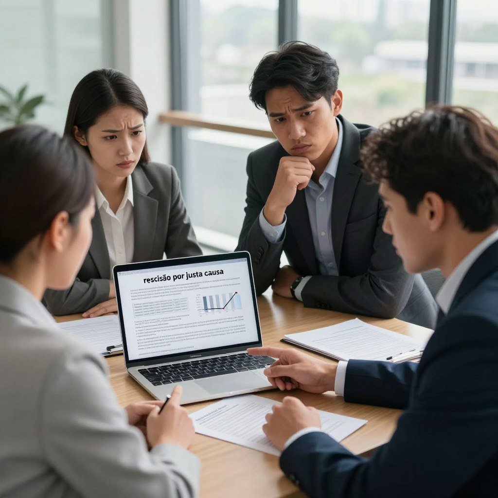 A professional office setting demonstrating "rescisão por justa causa." In the foreground, a diverse group of three individuals in business attire discusses an employment contract, showing expressions of concern and determination. In the middle, an open laptop displays financial documents and charts illustrating severance calculations, with one person pointing at the screen. The background features a modern office environment, with large windows allowing natural light to flood the space, casting soft shadows that enhance the seriousness of the discussion. The mood is tense yet focused, emphasizing the importance of understanding employee rights and responsibilities in contract termination. The camera angle is slightly elevated and captures the group dynamically, ensuring that no text or branding is present in the image. A professional office setting demonstrating "rescisão por justa causa." In the foreground, a diverse group of three individuals in business attire discusses an employment contract, showing expressions of concern and determination. In the middle, an open laptop displays financial documents and charts illustrating severance calculations, with one person pointing at the screen. The background features a modern office environment, with large windows allowing natural light to flood the space, casting soft shadows that enhance the seriousness of the discussion. The mood is tense yet focused, emphasizing the importance of understanding employee rights and responsibilities in contract termination. The camera angle is slightly elevated and captures the group dynamically, ensuring that no text or branding is present in the image.