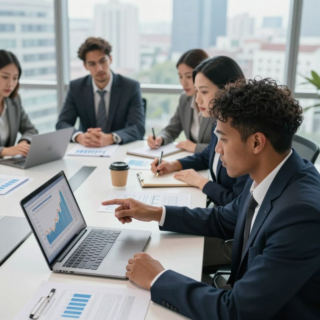 A professional office setting depicting a diverse group of investors analyzing risks associated with real estate investment funds. In the foreground, a middle-aged Asian woman in business attire points at a financial graph on a laptop, while a young Black man takes notes. The middle ground features a large table with documents, charts, and a coffee cup, signifying collaboration. The background includes a large window revealing a cityscape, bathed in soft natural light, enhancing a serious yet optimistic atmosphere. The angle is slightly above the table, focusing on the group’s engaged expressions to convey the importance of risk analysis in investment decisions.
