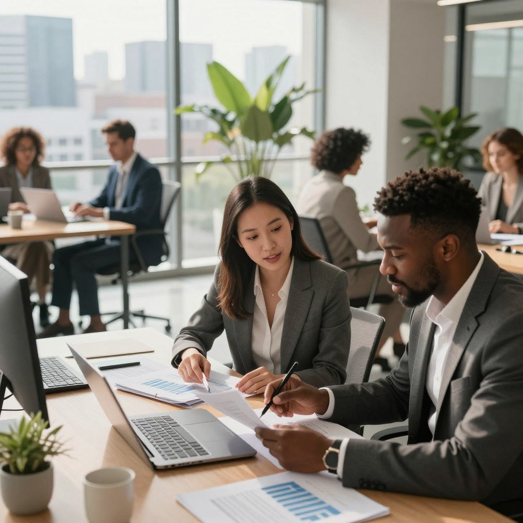A professional office setting depicting a diverse group of investors discussing real estate investments. In the foreground, a well-dressed Asian woman and a Black man analyze documents and graphs on a laptop, portraying collaboration and engagement. In the middle ground, a large window provides natural light, casting a warm glow over a modern workspace with potted plants and minimalistic furniture. The background features a city skyline, illustrating a thriving urban environment. The atmosphere is focused and optimistic, highlighting the importance of diversification in financial investments. Use soft lighting for a welcoming feel, with a slightly elevated camera angle to capture the dynamics of teamwork.