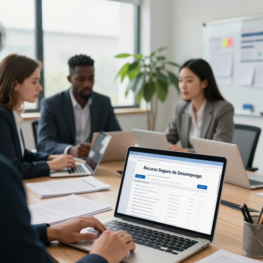 A professional office setting featuring a diverse group of three adults, including a Caucasian woman, a Black man, and an Asian woman, dressed in business attire, gathered around a large conference table with laptops and documents. The foreground showcases a close-up of a laptop screen displaying a status tracking page for "Recurso Seguro de Desemprego." The mood is focused and collaborative, illuminated by soft, natural light filtering through large windows in the background. Potted plants add a touch of greenery, and a whiteboard filled with notes and diagrams is visible to the side. The angle captures the group in discussion, emphasizing professionalism and teamwork in navigating the status of unemployment resources.