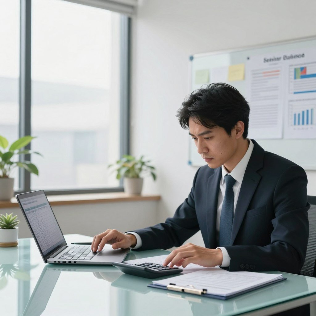 A professional office setting where a business person in formal attire is calculating severance pay on a clear glass table. In the foreground, the individual is focused on a laptop with spreadsheets visible on the screen, surrounded by documents and a calculator. The middle ground captures a large window with natural light streaming in, highlighting the modern office environment with plants and minimalistic decor. The background features a whiteboard with notes and charts related to severance and labor laws. The atmosphere is serious yet professional, conveying the importance of accurate calculations. The scene is well-lit, with soft shadows and a slight depth of field, emphasizing the subject's concentration on the task. A professional office setting where a business person in formal attire is calculating severance pay on a clear glass table. In the foreground, the individual is focused on a laptop with spreadsheets visible on the screen, surrounded by documents and a calculator. The middle ground captures a large window with natural light streaming in, highlighting the modern office environment with plants and minimalistic decor. The background features a whiteboard with notes and charts related to severance and labor laws. The atmosphere is serious yet professional, conveying the importance of accurate calculations. The scene is well-lit, with soft shadows and a slight depth of field, emphasizing the subject's concentration on the task.
