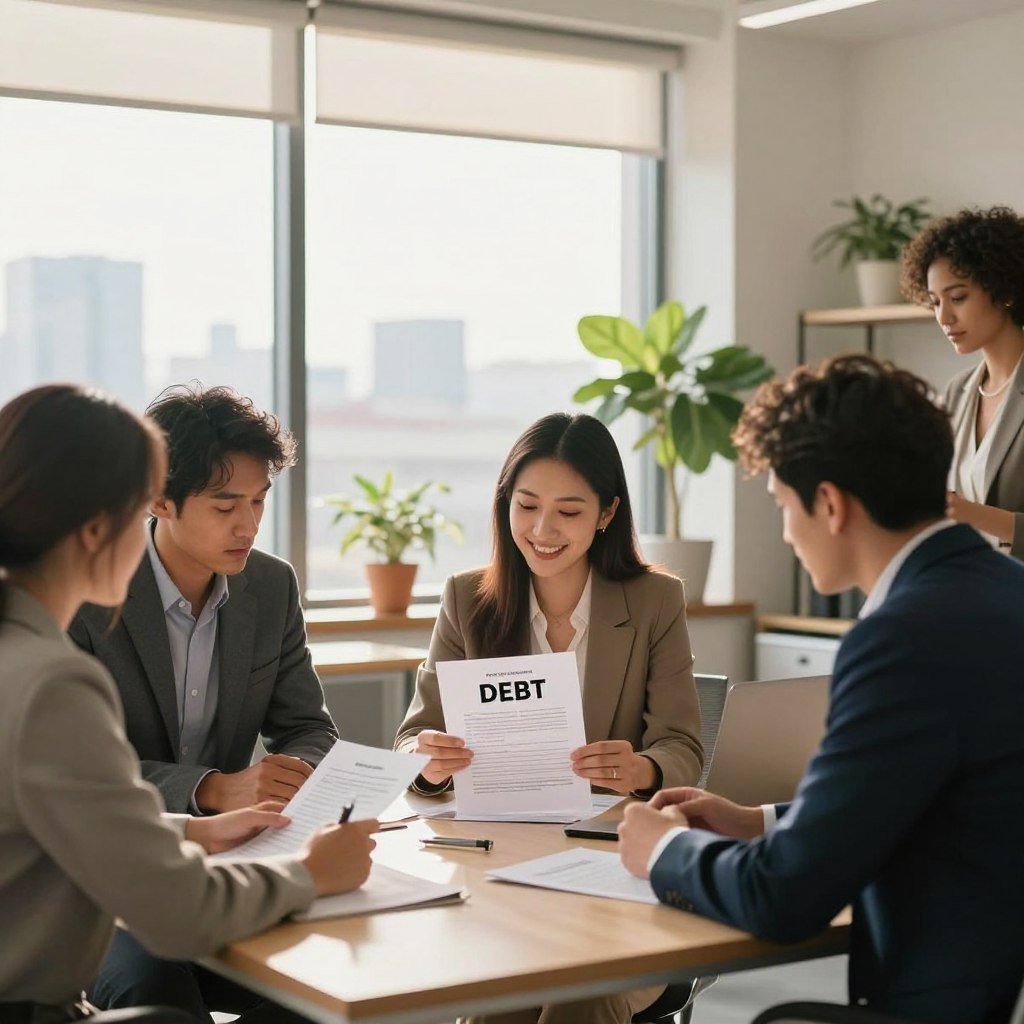 A professional office setting with a diverse group of people working together to resolve issues related to debt registration. In the foreground, a well-dressed man and woman are seated at a conference table, focused on reviewing paperwork. The woman is smiling, holding a document that symbolizes freedom from debt. In the middle, a large window lets in warm, natural light, illuminating the space and conveying a sense of hope. Potted plants and modern office decor add to the inviting atmosphere. In the background, a faint outline of the city skyline can be seen through the glass. The mood is collaborative and optimistic, emphasizing the theme of overcoming financial obstacles.