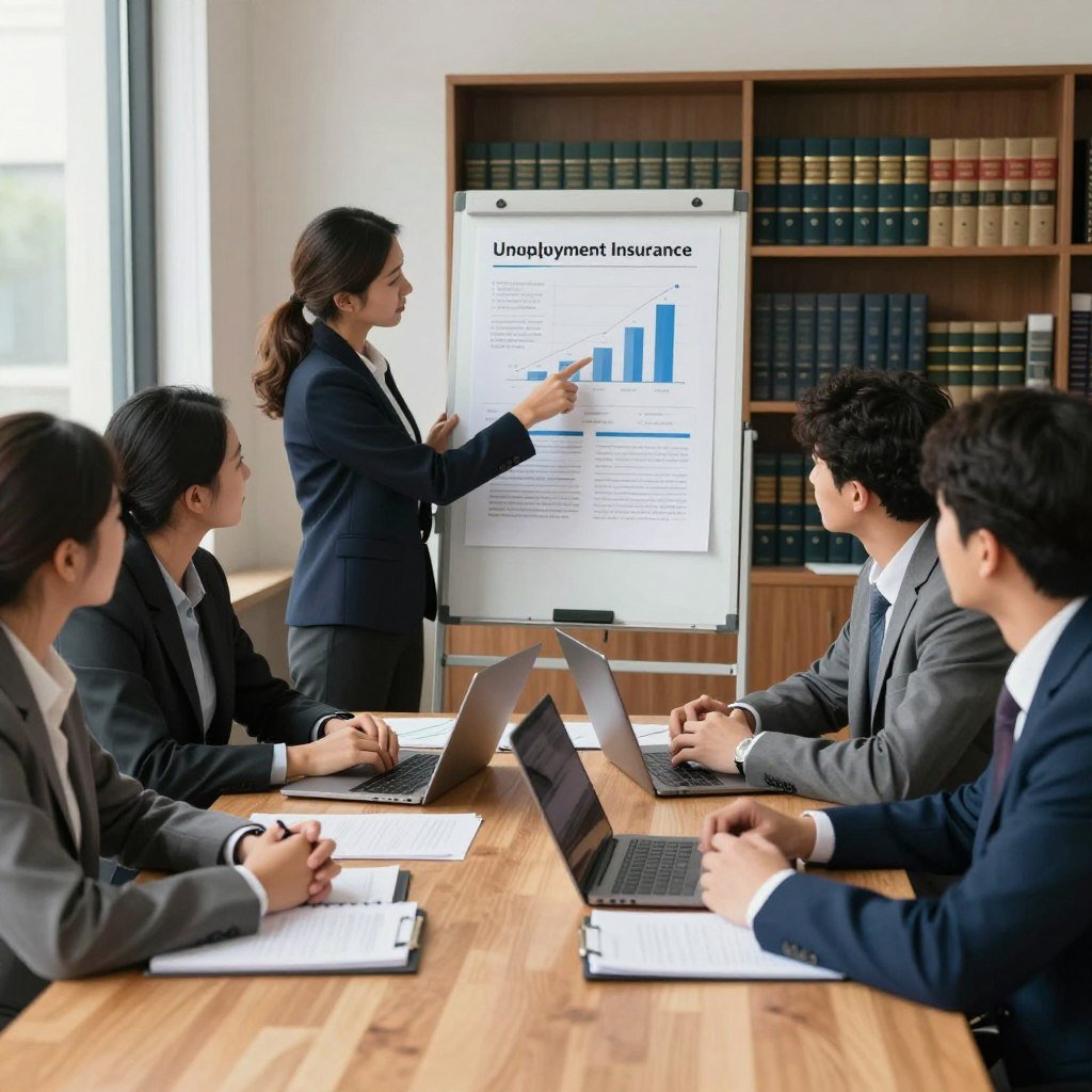 A professional office setting with a focus on legal aspects of unemployment insurance. In the foreground, a diverse group of people in business attire, engaged in a collaborative discussion around a large wooden table, with documents and a laptop open. In the middle ground, a woman pointing at a chart on a whiteboard illustrating the benefits and requirements of unemployment insurance, showing graphs and key points. The background features shelves filled with legal books and a window allowing soft, natural light to fill the room, creating a warm and inviting atmosphere. The image conveys seriousness and professionalism, perfect for an article exploring the legal aspects of unemployment insurance.