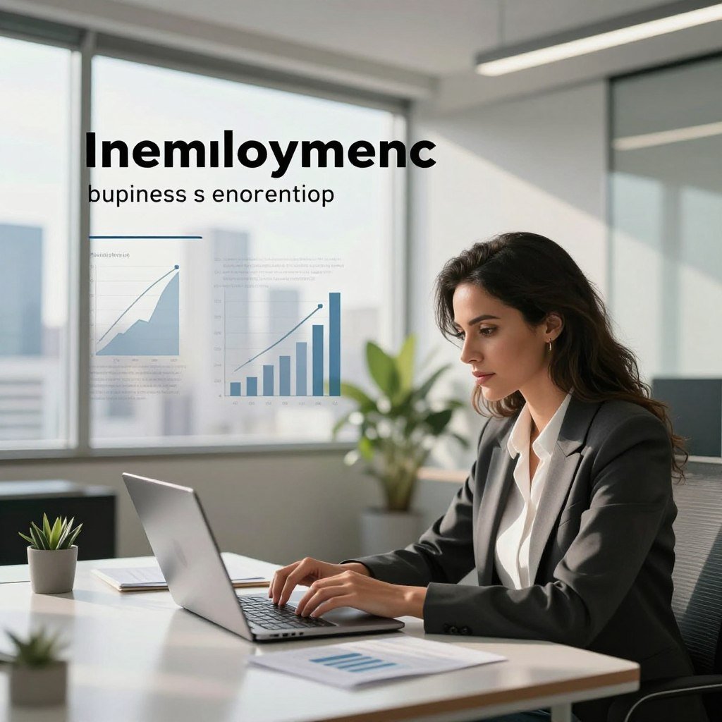 A professional setting illustrating the concept of unemployment insurance and entrepreneurship in Brazil. In the foreground, a confident businesswoman, dressed in smart casual attire, is analyzing data on a laptop at a sleek desk. The middle ground features a subtle blend of charts and graphs related to unemployment benefits and business growth, with a potted plant nearby adding a touch of greenery. In the background, a well-lit modern office environment with large windows displaying a city skyline, indicating opportunity and progress. The natural light casts soft shadows, enhancing the atmosphere of optimism and ambition in this entrepreneurial context. The overall mood is focused and inspiring, capturing the essence of navigating unemployment benefits while pursuing business ventures.