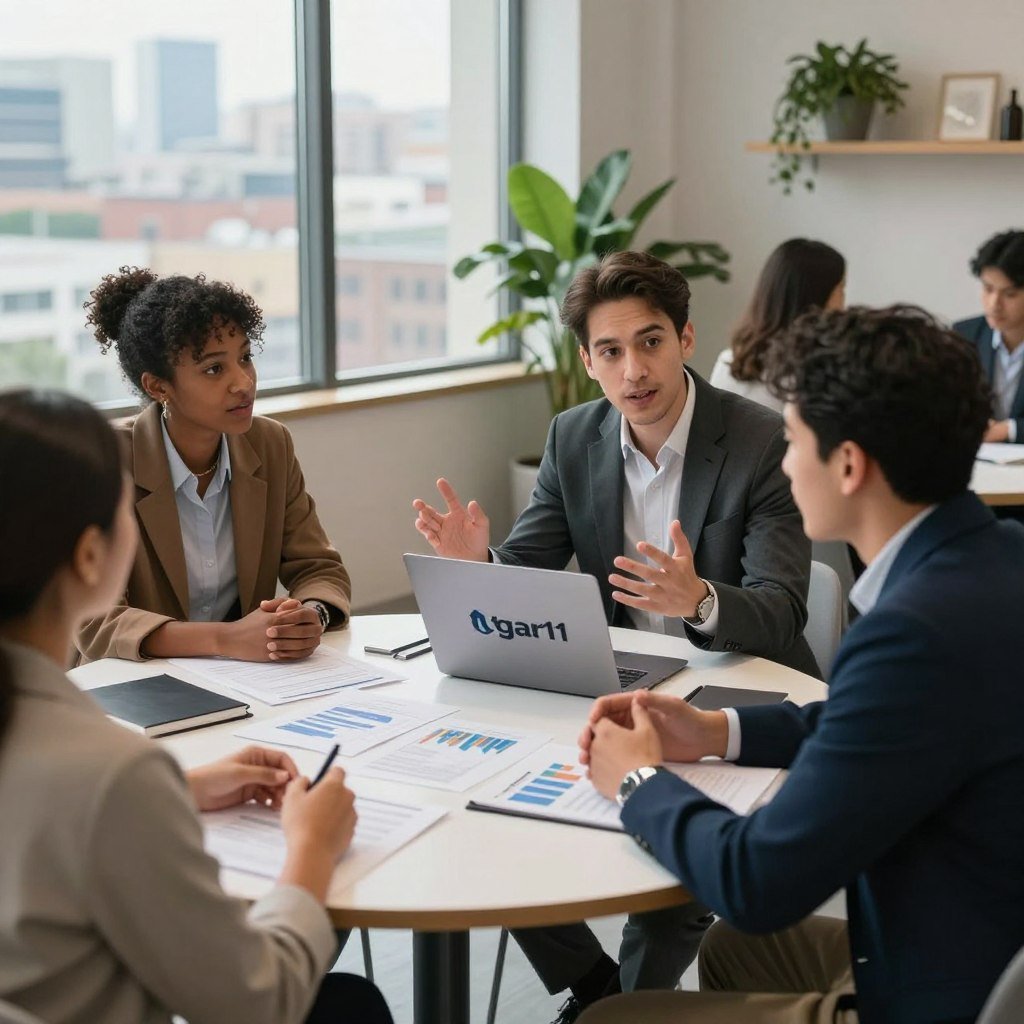 A professional setting showcasing a group of diverse investors discussing their experiences with tgar11. In the foreground, two investors in smart casual attire engage in an animated conversation, their expressions reflecting enthusiasm and insight. In the middle ground, a round table filled with investment documents, charts, and a laptop displaying the tgar11 logo. Behind them, a large window reveals a cityscape under soft, natural lighting, creating an inviting atmosphere. The room is adorned with modern decor and plants, enhancing the professional mood of collaboration and success. The camera angle is slightly elevated, allowing a clear view of the interactions without any distractions. The overall ambiance conveys a sense of trust and informed decision-making among investors.
