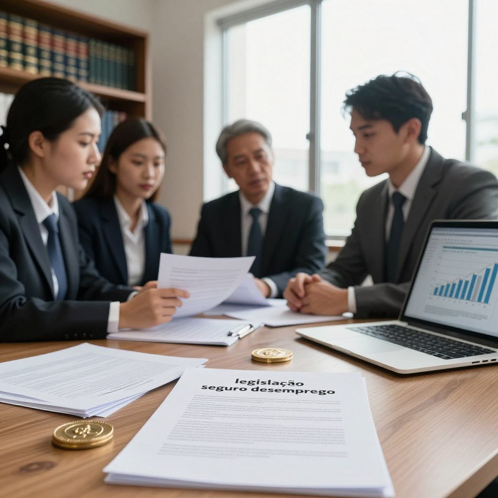 A professional setting showcasing the concept of "legislação seguro desemprego". In the foreground, a neatly arranged desk with legal documents, a government seal, and a laptop displaying graphs related to unemployment benefits. In the middle ground, a diverse group of three professionals in business attire engaged in a discussion, thoughtfully reviewing the paperwork. The background features a large window with soft natural light illuminating the room, and bookshelves lined with legal texts and regulations on employment law. The atmosphere is serious yet collaborative, conveying the importance of understanding unemployment laws and regulations. Use a shallow depth of field to draw focus on the desk and the group, enhancing the formal mood of the scene.