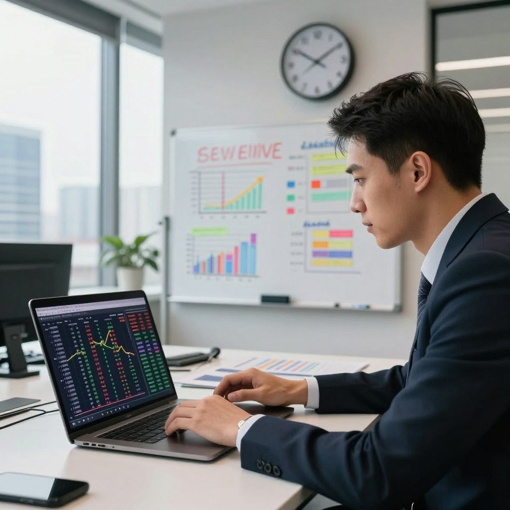 A professional sports analyst at a sleek, modern office desk, intently analyzing betting odds on a laptop. The foreground features the analyst, a focused individual in business attire, with charts and graphs displayed on the screen, showing fluctuating odds. In the middle ground, a whiteboard with complex statistics and insights scribbled in vibrant colors adds depth, while a large digital clock shows the time ticking down. The background reveals a panoramic city view through a large window, with soft natural light filtering in, creating a productive and dynamic atmosphere. The image conveys a sense of concentration and expertise, emphasizing the meticulous analysis of sports betting odds in a professional setting.