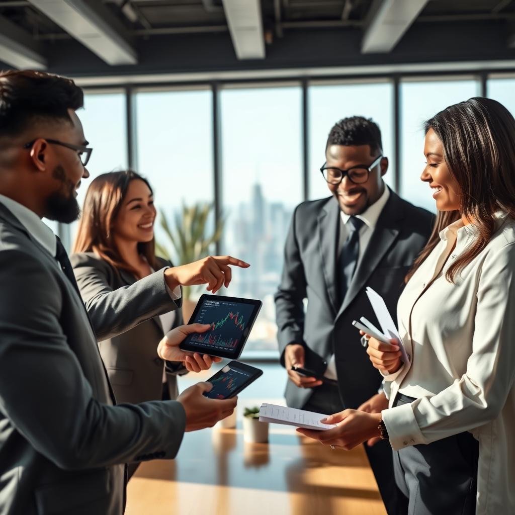A professional stock market setting featuring a diverse group of three individuals in business attire, engaged in a discussion about investing in Magalu stocks. In the foreground, one person points at a digital tablet showcasing stock graphs, while another takes notes. The middle section includes a modern office environment with a large window displaying a bright cityscape, indicating a bustling metropolis outside. Soft, natural lighting illuminates the scene, creating an optimistic atmosphere. There are decorative plants subtly placed in the background for a touch of greenery. The overall mood should convey collaboration and investment knowledge for beginners, reflecting an encouraging ambiance to understand stock trends.