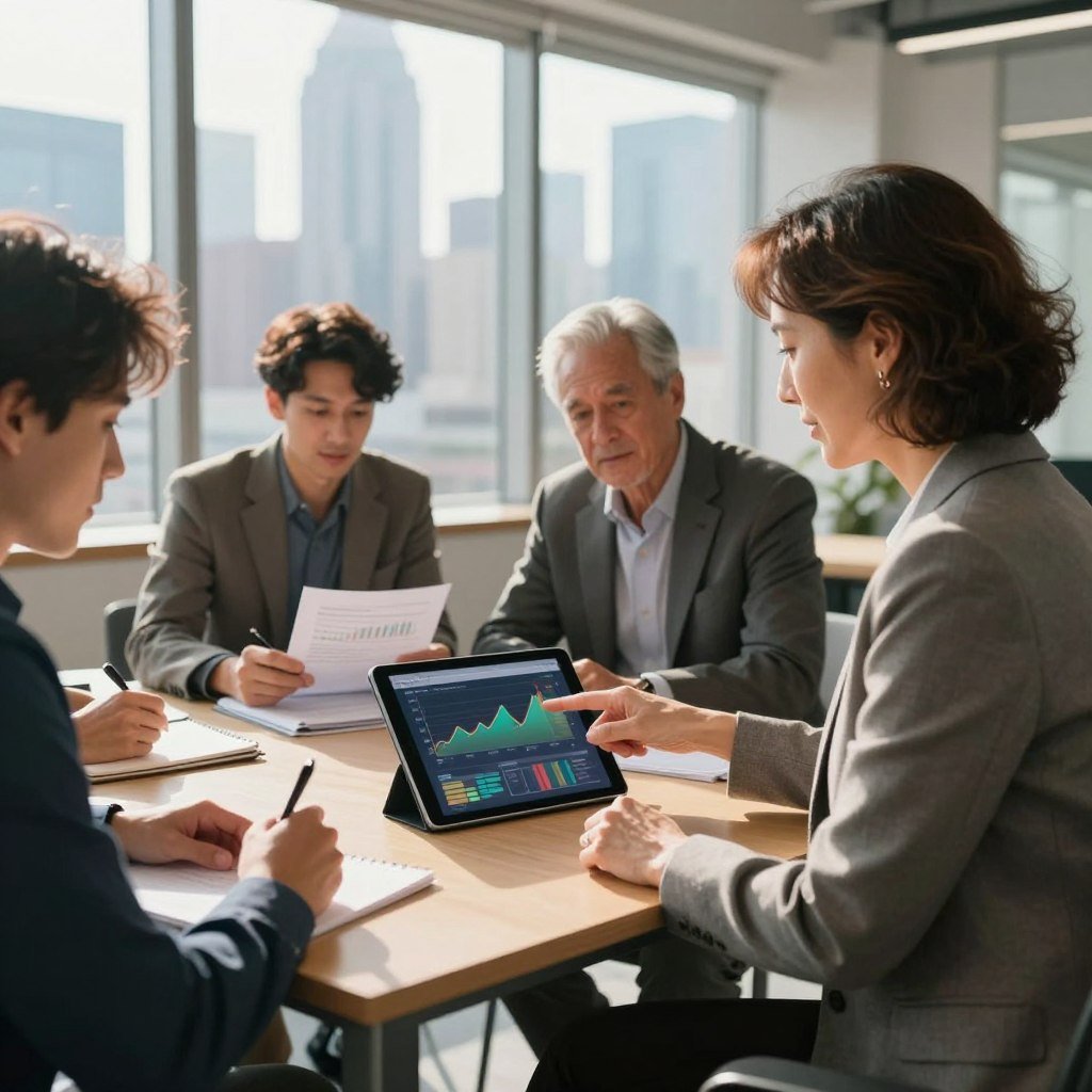 A sophisticated office space features a diverse group of investors engaged in a lively discussion about real estate investment funds. In the foreground, a middle-aged woman in professional business attire points to a digital tablet displaying a colorful fund performance chart. To her left, a young man in a smart casual outfit takes notes, while an older gentleman reviews financial documents. The background reveals a modern city skyline through large windows, with sunshine streaming in, casting soft shadows across the room. The atmosphere is focused yet optimistic, implying a sense of opportunity and growth in the real estate market, perfect for illustrating investment strategies. The image should be warmly lit, creating an inviting and professional environment.