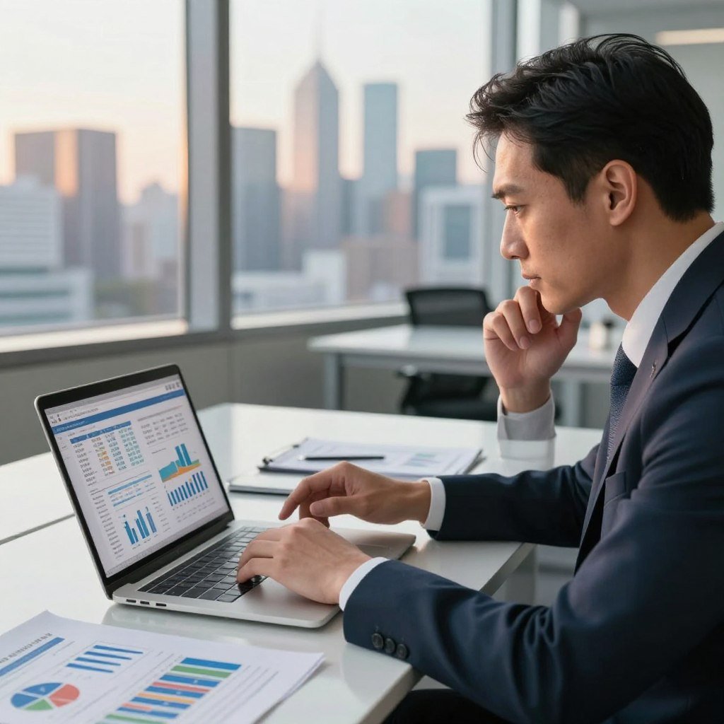 A sophisticated, well-dressed investor analyzing investment data on a laptop in a modern office setting. The foreground features a close-up of a focused individual, wearing professional attire, with a thoughtful expression. In the middle ground, a sleek desk with financial reports, charts, and market analysis papers. The background showcases a panoramic view of a bustling city skyline through large windows, bathed in warm afternoon light, creating an inviting atmosphere. The lighting is soft yet clear, emphasizing the professional ambiance, while a slight lens blur adds depth to the scene. The overall mood is one of ambition and strategic insight, perfect for representing the ideal investor profile for RBRA11.