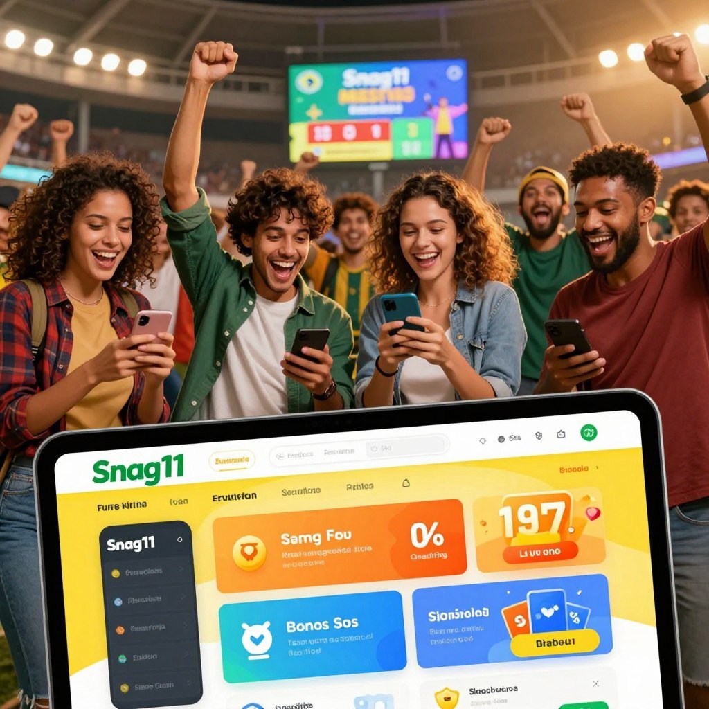 A vibrant and dynamic scene depicting promotional offers related to Snag11, Brazil's premier sports betting platform. In the foreground, depict an image of a digital interface showcasing various betting promotions, bright colors, and attractive visuals like bonus symbols and percentage discounts. In the middle ground, display enthusiastic sports fans celebrating, dressed in casual attire, engaging with their mobile devices. The background should feature a lively stadium atmosphere with cheering crowds and illuminated screens flashing odds and promotions. Use warm, energetic lighting to create an inviting and thrilling mood, captured with a wide-angle lens to emphasize the excitement of the sports betting experience. The composition should convey a sense of opportunity and enthusiasm surrounding the Snag11 platform.