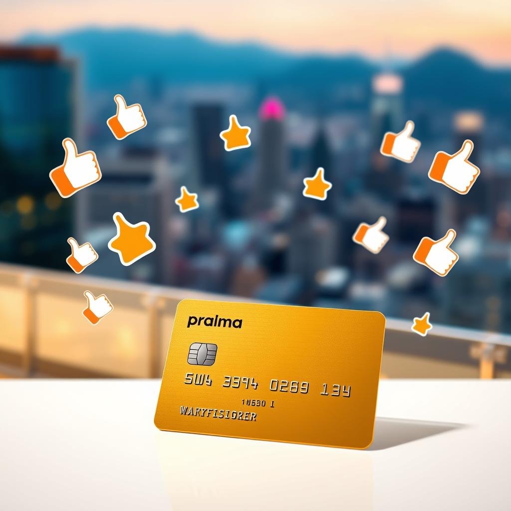 A vibrant and engaging image showcasing a credit card, specifically the "Palma" card, in the foreground. The card is sleek and modern, prominently displaying its design features like a gold or metallic finish. Surrounding the card are abstract representations of user feedback, such as floating icons of stars or thumbs up, symbolizing positive user experiences. In the background, a blurred cityscape suggests a bustling urban environment, conveying a sense of financial empowerment. The lighting is bright and optimistic, creating a warm atmosphere. The angle is slightly tilted to emphasize the card, capturing it at a level that invites viewer interaction. The overall mood is professional yet inviting, ideal for illustrating user satisfaction with the Palma credit card.