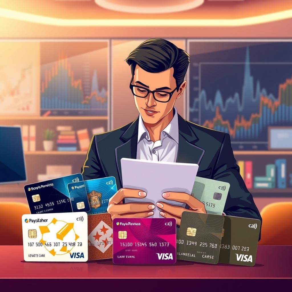 A vibrant, modern illustration showcasing several loyalty program cards prominently displayed in the foreground, each card featuring distinct designs that represent various rewards programs. In the middle, an elegant, well-dressed individual analyzes these cards, examining their benefits with a thoughtful expression. The background should include a stylish, softly-lit office environment with abstract financial graphs and rewards imagery subtly integrated, creating a sense of sophistication and professionalism. Use soft, warm lighting to enhance the inviting atmosphere and focus the viewer's attention on the loyalty cards and the individual. Capture the essence of financial empowerment and reward potential, aiming for a polished and inspirational mood.