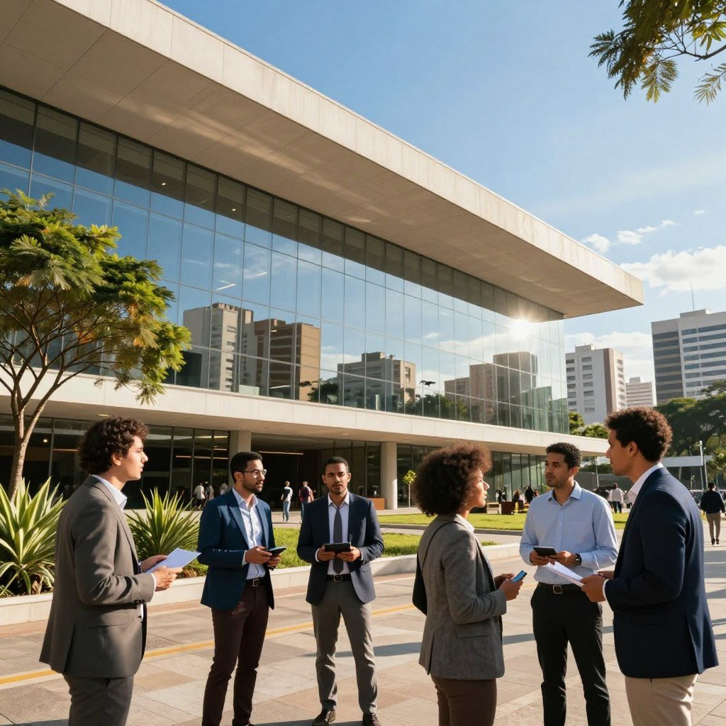 A vibrant scene depicting Gare11 in Brazil, showcasing the modern architecture of the building with its sleek lines and contemporary design. In the foreground, a group of diverse professionals dressed in business attire engages in animated conversation, holding digital devices and papers. In the middle ground, the glass facade of Gare11 reflects the bustling city life, with trees and greenery lining the pathway. The background features a clear blue sky illuminated by warm sunlight, casting dynamic shadows on the structure. Capture the dynamic energy and innovation of this location, with a focus on the interplay of light and shadow. The atmosphere should convey a sense of collaboration and forward-thinking, ideal for a professional setting.